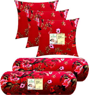 ACTOS Combo Set Of 3 Cushion And 2 Microfibre Floral Bolster Pack of 5(Maroon, Multi24)