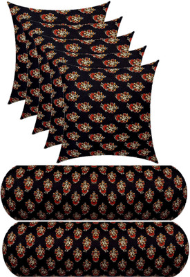 Swikon star 5 Cushion And 2 Microfibre Floral Bolster Pack of 7(Black)