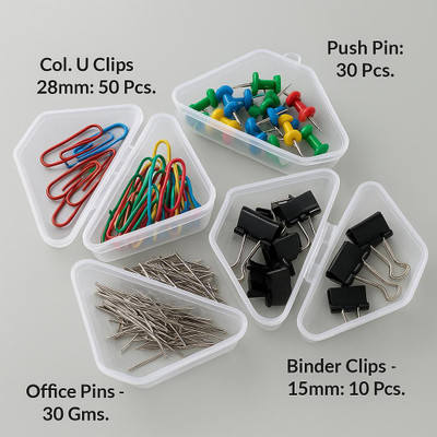 Shivom Clips & Pins combo kit: Col. U Clips - 28mm: 50 Pcs/ Binder Clips - 15mm: 10 Pcs, Office Pins - 30 Gms– Approx. 100+ Pin/ Push Pin - 30 Pcs.  Pins(Set Of 190, Multicolor)