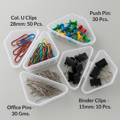 Shivom Clips & Pins combo kit: Col. U Clips - 28mm: 50 Pcs/ Binder Clips - 15mm: 10 Pcs, Office Pins - 30 Gms– Approx. 100+ Pin/ Push Pin - 30 Pcs.  Pins(Set Of 190, Multicolor)