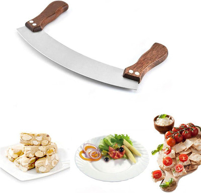 VONITY Vegetable Pizza Cutter Meat Mincing Mezzaluna Knife - Dual Handle Mincing Knife Double Ended Pizza Cutter(Stainless Steel)
