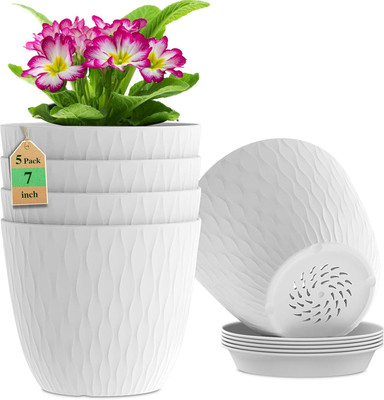 Stylex Store Unique Flower Pots Set Garden Plants Pots for Plants (White) Plant Container Set(Pack of 5, Plastic)
