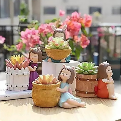 Vikarafty Cute Beautiful Combo Pack Of 4 Girls Succulent Planter Pot Resin Creative Flower Plant Container Set(Pack of 4, Terracotta)