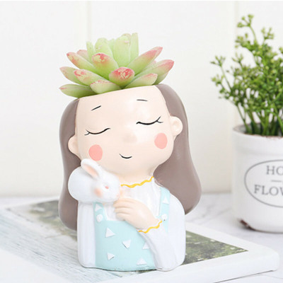 Dhruvkart Handcrafted Resin Rabbit Girl Creative Succulent Flower Pots Plant Container Set(Poly-Resin)