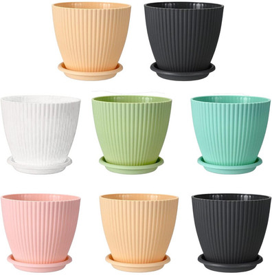 Muddstyles Round 7 Inch Multicolor Flower Pot with Tray Pack of 8 Plant Container Set(Pack of 8, Plastic)