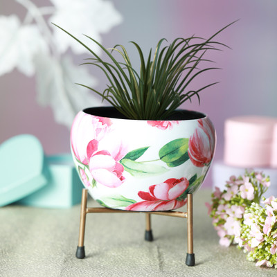 homspurts Homspurts Red Flowers Design 6 Inches Metal Desk Tabletop Pot With Stand Plant Container Set(Metal)