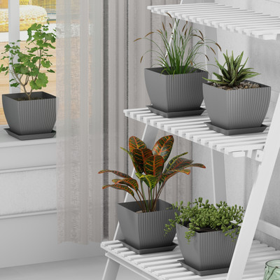 FORWAY 7 inch Square Flower Pots Outdoor Indoor, Planters with Drainage Hole and Tray Plant Container Set(Pack of 5, Plastic)