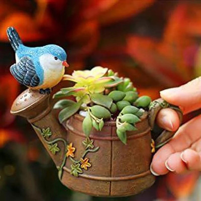 Vermartcraft Bird On Kettle Resin Flower Pot and Pen holder Plant Container Set(Poly-Resin)