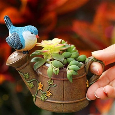 Vikarafty Resin Mini Watering Can with Cute Bird Resin Flower Pot, Bird on WaterCan Pot Plant Container Set(Terracotta)