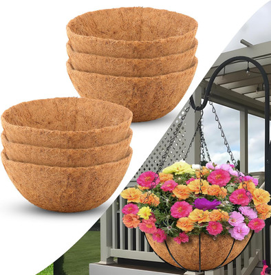 Oshi Greens Hanging coco liners Coir planters 12inches size Plant Container Set(Pack of 6, Metal, Wood)