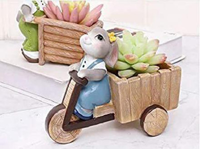 Vermartcraft Rabbit Scooter Resin Flower Pot and Pen holder Plant Container Set(Poly-Resin)