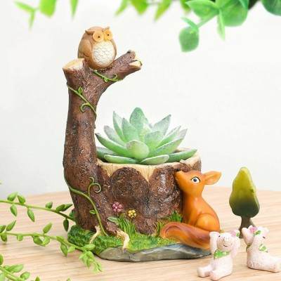 Vikarafty Resin Pot Owl & Squirrel Design Animal Planter Grey White Color Unique & Trendy Plant Container Set(Terracotta)