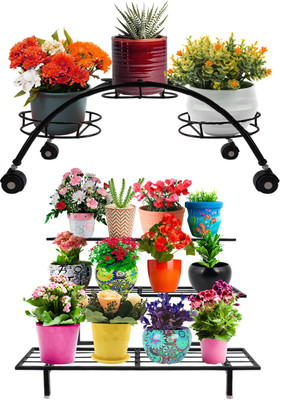 MEENA ENTERPRISES Pack of 2-Multipurpose 3-Tier Adjustable Stand |Plant Stand Trolley with Wheels Plant Container Set(Pack of 2, Metal)