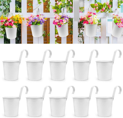 PRIME KRAFTS 10 Pcs Round Railing Planters with Detachable Hooks for Indoor & Outdoor, White Plant Container Set(Pack of 10, Metal)