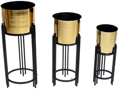 Mankoskin Stacco Golden Planter with Black Stand Plant Container Set(Pack of 3, Metal)