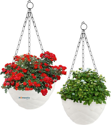 Funtastik Plastic Hanging Diamond Flower Pot with Chain for Garden|Balcony|Pack of 2|White Plant Container Set(Pack of 2, Plastic)