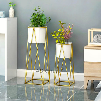 ASKmart Classic Golden Cross Stand set of 2 with 2 white Planters. Plant Container Set(Pack of 2, Metal)