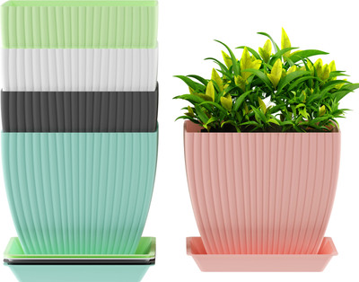 TrueCraft 5 Pack Plastic Square Flower Pots with Drainage & Bottom Tray Plant Container Set(Pack of 5, Plastic)