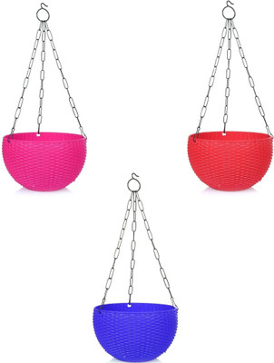 Besttrader Woven Hanging 6.8 Inch Euro Basket Planters with Hanging Chain for Home & Garden Plant Container Set(Pack of 3, Plastic)