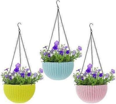 Funtastik Basket Waven Flower Pot with Hanging Chain for Garden Balcony Decoration Plant Container Set(Pack of 3, Plastic)