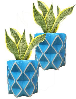 RBT Decorative Ceramic Planter Pot with Diamond Pattern, Blue Plant Container Set(Pack of 2, Ceramic)