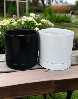 Malaikah Black & White Round Planter With Tray Plant Container Set(Pack of 2, Ceramic)