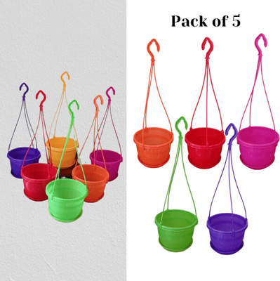 KUMUDAM Docorative Hanging Pots with Plates | 7 inch Size (5) Plant Container Set(Pack of 5, Plastic)