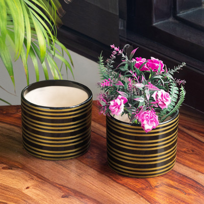 ExclusiveLane 'Furrowed Fields' Set Of 2 Hand-Painted Ceramic Table Planters Pots| Plant Container Set(Pack of 2, Ceramic)