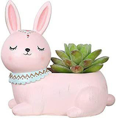Vermartcraft Pink rabbit Resin Flower Pot and Pen holder Plant Container Set(Poly-Resin)