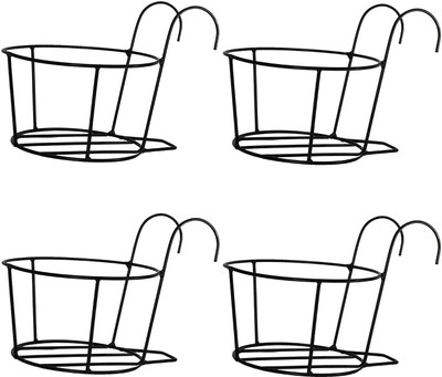 WOZTI Hanging Flower Pot Holder Round Balcony Plant Basket Railing Planter Plant Container Set(Pack of 4, Metal)