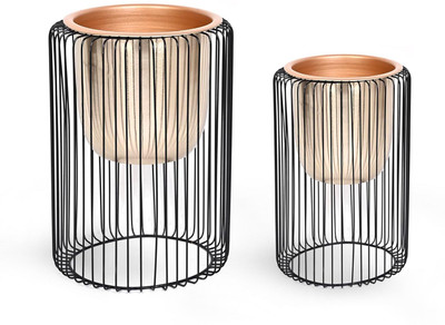 INDIAN DECORMART Metal Floor Gold Pot with Black Wire Stand for Living Room pack of 2 Plant Container Set(Pack of 2, Metal)