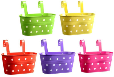 PRIME KRAFTS 12 INCH Polka Dot Multicolour Railing Oval Planter for Balcony, Anti Rust Plant Container Set(Pack of 5, Metal)
