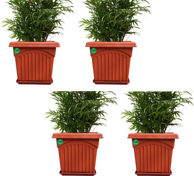 Altruist UV Treated Square Plastic Planter with Tray (10 inches) - Terracotta Color Pack of 4 Plant Container Set(Pack of 4, Plastic)
