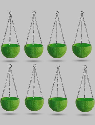 Besttrader Plastic Grow Planter Woven Hanging FlowerPot with Chain Hang Plastic Pot Green Plant Container Set(Pack of 8, Plastic)