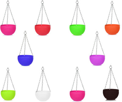 VirajSanchi Woven Hanging 6.8 Inch Euro Basket Planters with Hanging Chain for Home & Garden Plant Container Set(Pack of 10, Plastic)