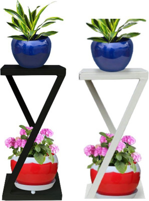 Pratecom 2 Tier Planter Stand/Flower Pot Stand/Z-Shape Display Rack for Garden/Balcony/ Plant Container Set(Pack of 2, Metal)