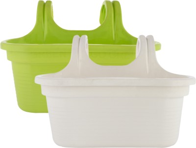 KUBER INDUSTRIES Double Hook Plastic Hanging Flower Pot for Home & Garden|Packof 2|White & Green Plant Container Set(Pack of 2, Plastic)