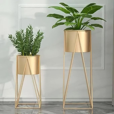 Zanaat Set of 2 Plant Pot Stands with Matching Pots Plant Container Set(Pack of 2, Metal)