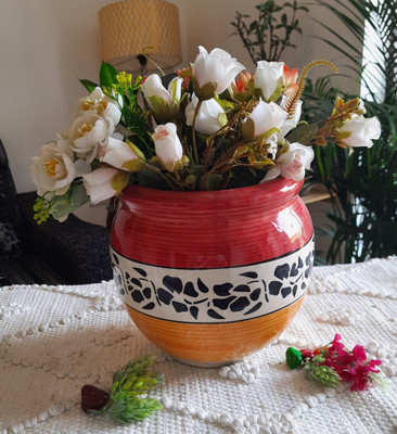Niyara white & red Mughal style ceramic planters pot size-8 inches Plant Container Set(Ceramic)