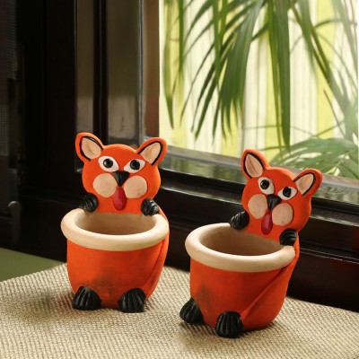 ExclusiveLane 'Fiesty Fox' Handmade & Hand Painted Terracotta Indoor Planter Pot In Plant Container Set(Pack of 2, Terracotta)