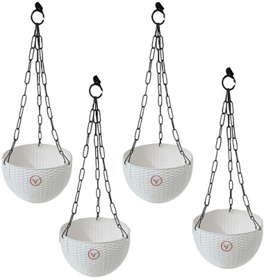 VINSHRA Plastic Hanging Rattan Balcony Railing Hook Metal Chain 7’’white Euro Pot 4 Plant Container Set(Pack of 4, Plastic, Metal)