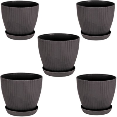 Muddstyles Round 7 Inch Grey Flower Pot with Tray Indoor Outdoor Decor Plant Container Set(Pack of 5, Plastic)