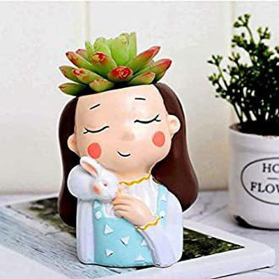 Vermartcraft Rabbit Girl Resin Flower Pot and Pen holder Plant Container Set(Poly-Resin)