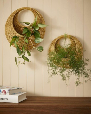 Satyankit Handwoven Cane Wall Hanging Basket Planter | Boho Jute Home Décor Plant Container Set(Pack of 2, Cane)