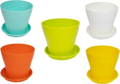 Leafy Tales Multicolor Flushy Planter Plastic Pots with Saucer (Set of 5 - Multi Color Pots) Plant Container Set(Pack of 5, Plastic)