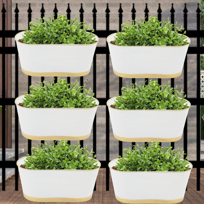 ecofynd Luster Balcony Railing Planter with Detachable Handle (Color - White) Plant Container Set(Pack of 6, Metal)