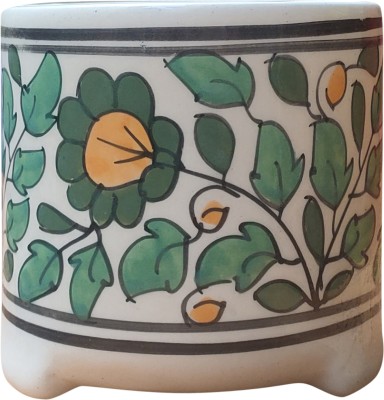 Gupta Ceramic Round Pipe Pot Mugal Handpainted Green Multi Size 4x4 inch GH0008-02 Plant Container Set(Ceramic)