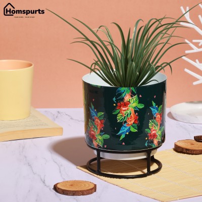 homspurts Decorative Printed Green Color Metal Planter With Stand Plant Container Set(Metal)