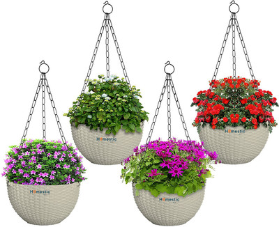 InduDTraders Plastic Hanging Basket/Flower Pot Set of 4 (White) Plant Container Set(Pack of 4, Plastic)