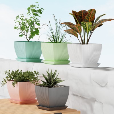 FORWAY 7 inch Square Flower Pots Outdoor Indoor, Planters with Drainage Hole and Tray Plant Container Set(Pack of 5, Plastic)